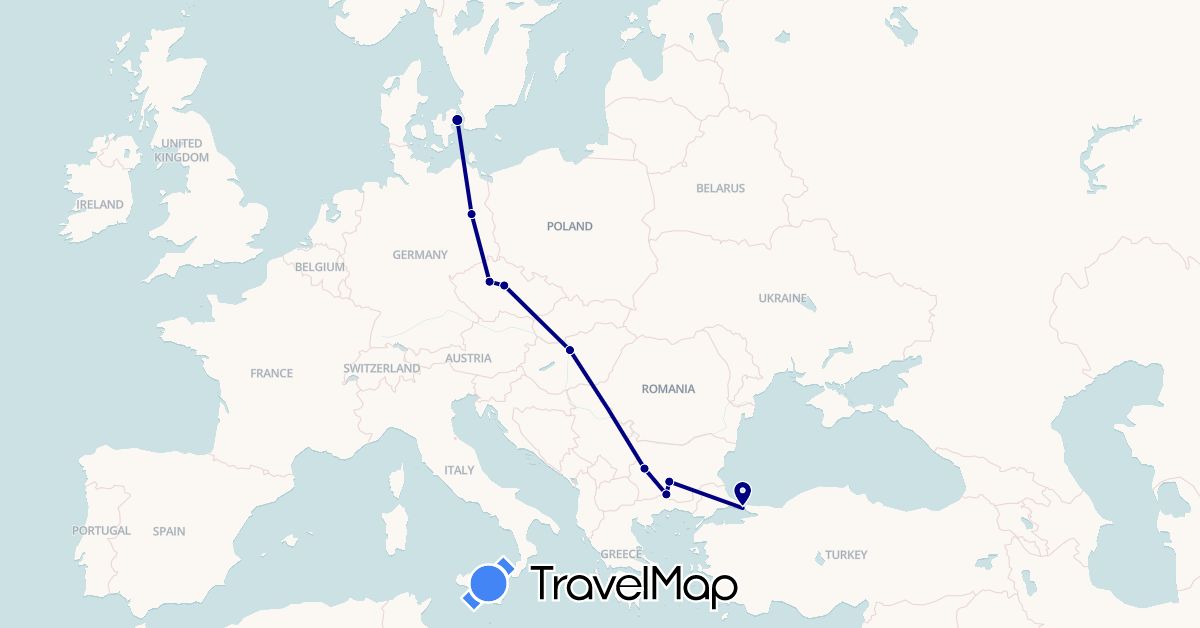 TravelMap itinerary: driving in Bulgaria, Czech Republic, Germany, Denmark, Hungary, Turkey (Asia, Europe)